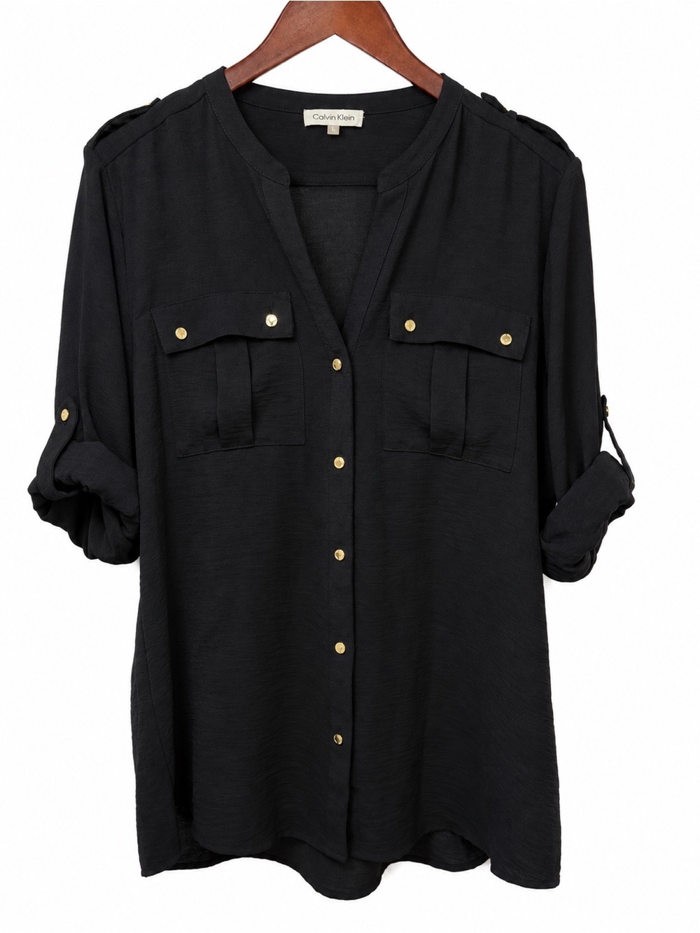 Calvin Klein Black Utility Blouse Women's L Gold Hardware Roll Tab Sleeve
